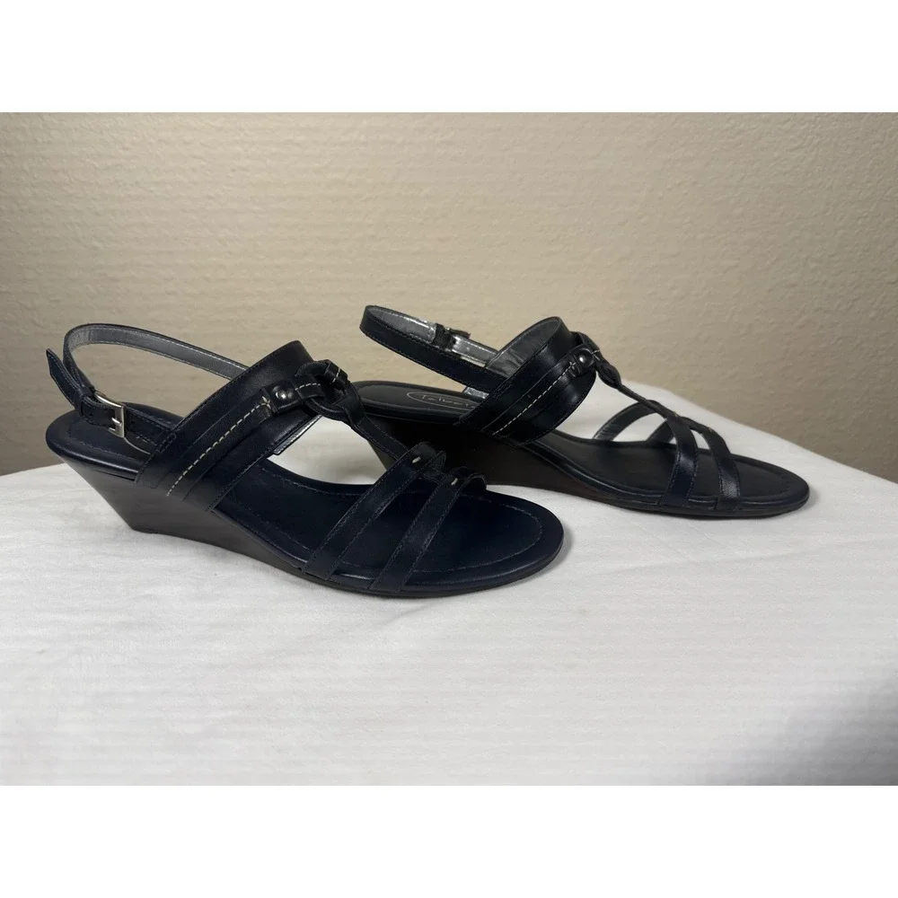 Talbots Navy Blue Leather Wedge Sandals Strappy Slingback Brazil Womens 6.5 AA